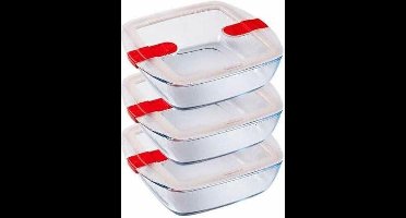 Pyrex - Cook & Heat - Vierkante Schaal Met Magnetronbestendige Deksel - 1,1 liter - Glas - Set van 3 Stuks