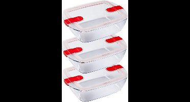 Pyrex - Cook & Heat - Rechthoekige Schaal met Magnetronbestendige Deksel - Glas - 1,1 liter - Set van 3 Stuks