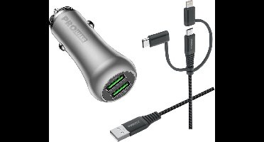 Pro User Set 36W Dual auto USB lader  + 3-in-1 USB-kabel Zilver