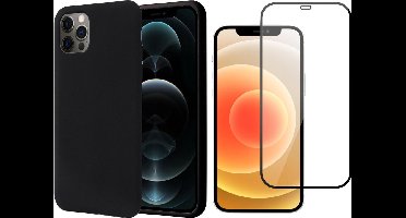 Hoesje geschikt voor iPhone 12 / 12 Pro - Screenprotector FullGuard - Zwart Liquid Siliconen Case