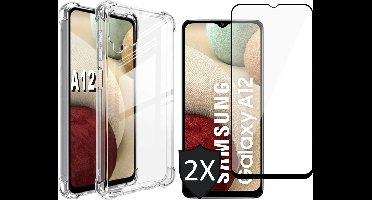Hoesje geschikt voor Samsung A12 en Screenprotector - Transparant Shock Proof Case + 2x Screen Protector Glas Full Screen