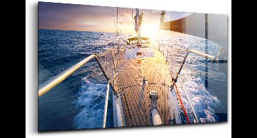 Wallfluent Glasschilderij - Zonsondergang op het dek van een zeilboot Glazen Schilderij - 120x60 cm - Blauw Horizontale muurfoto - Voertuigen Foto Glas - Schilderij Op Glas - Glas Schilderij