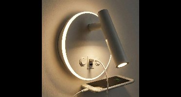 LED Wandlamp - Bedlamp met USB+C poort en schakelaar | Wit | 8W | 704 lumen | Niet dimbaar | 3000K - Warm wit (830)