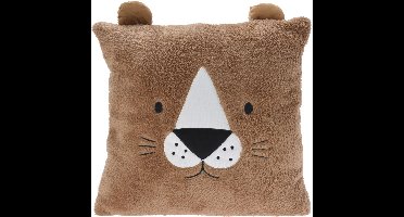 Excellent Houseware Dieren sierkussen - leeuw - kinderkamer - bruin - 43 cm - polyester - cadeau - met oren
