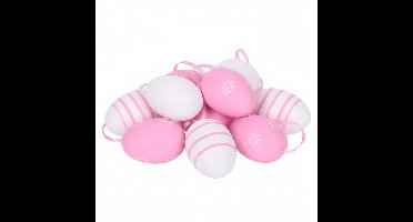 Home & Styling Paaseieren hangdecoraties - roze - 12x stuks - 6 cm - kunststof - Pasen versiering voor paastakken - Pasen versiering - met touwtjes