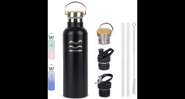 Black Metal Water Bottle 750ml - HUIIKE | Insulated Water Bottle with Straw and 3 Lids | Stainless Steel BPA Free | Keeps Hot for 12 Hours & 24 Hours Cold, Leak-proof and Reusable