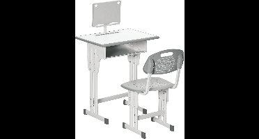 HOMCOM Kinderbureau en stoel met leesstandaard, kluisje, haak en penhouder, in hoogte verstelbaar, 60 x 45 x 90-102 cm, grijs