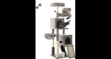 FourFurPets Indoor kattenkrabpaal 156 cm, krabpaal met sisal trap, 2 platforms, 2 holletjes, hangmat, grotten, pluche ballen, lichtgrijs