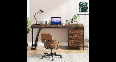 Industriële Computer Bureau – Bureaustoel Tafel – Werkplek Bureau – Studie Bureau – Rustiek Bruin – 59 Inch – Met 3 Omkeerbare Laden & Bestandsopslag – Stevig Metaal & Geperst Hout