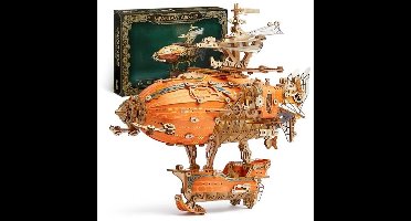 FUNPOLA LED 3D Houten Puzzel Fantasy Luchtschip Model - Steampunk DIY Knutselkit met LED Lichten – Gedetailleerd Houten Luchtschip Bouwset voor Tieners en Volwassenen