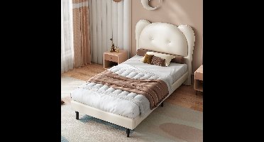 Kinderbed 90x200cm - Lattenbodem - Beige - Stevig ijzeren frame - Dierenshape hoofdboard - PU-materiaal onderhoudsvriendelijk - Massief hout latten - FSC-certificaat - 150kg laadvermogen