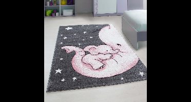 Kinderkleed met olifantenmotief, roze, kinderkamerkleed, jute achterkant, afmeting: 160 cm rond