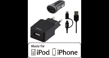 DELTACO USB-ACDC, USB-oplaadkabel, autolader, wand adapter en USB-synchronisatie- / MFi, zwart