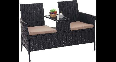 Polyrotan bank met tafel MCW-E24, tuinbank zitgroep tuinset, 132 cm ~ zwart, kussens crème