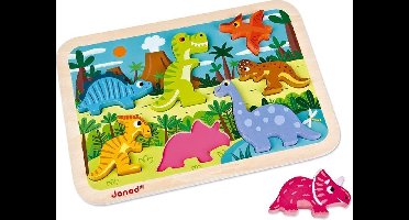 Janod Chunky Puzzel - Dinosaurus - 7 Dieren Puzzelstukjes In 3D Met Een Dikte Van 1,5 Cm - Geschikt Vanaf 18 Maanden