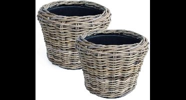 Van der Leeden Planten/bloemen mand - 2x - rotan - gevlochten riet - D33 x H24 cm - drypot - plantenpot - plantenmand - nestbaar