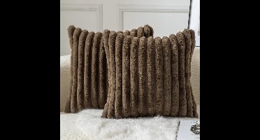 Inovra - Faux Fur Gestreepte Kussenhoezen - Zacht en Pluizig - Set van 2 - 30cm x 50cm en 45x45cm - Donkerbruin - Woonkamer Slaapkamer Bankstellen