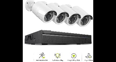 Beveiligingscamerasysteem - 3MP Camera - 8CH NVR - AI-detectie - Openlucht - Draadloos - Menselijke - Buiten - Beveiligingscamera - CCTV camerasysteem - IP66 Waterdichte - Bewakingscamera - Bedraad CCTV Systeem met Audio en Nachtzicht - 4 Stuks - Wit