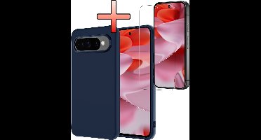 Hoesje - Met Screenprotector - Geschikt voor Google Pixel 9 Pro XL - Sterk & Shockproof - Back Cover - Siliconen Case - Telefoon Hoes - Donkerblauw