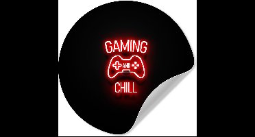 WallCircle® - Behangcirkel 120x120 cm - Muurstickers Gaming - Quotes - Gaming and chill - Neon - Rood - Muurcirkel gaming room - Game kamer decoratie - Gameroom accessoires zelfklevend