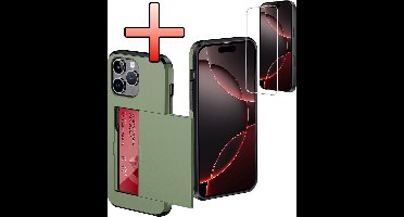 Hoes Geschikt voor iPhone 16 Pro Max Hoesje Pasjeshouder Hard Cover Met Screenprotector Shock Proof Hard Case Hoes Met Kaarthouder - Donkergroen