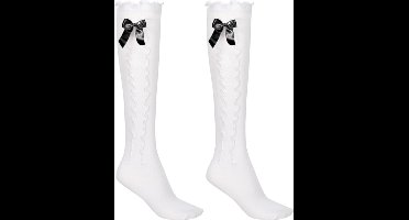 Haus Huberts Oktoberfest Kniekousen Dames - Wit Met Zwarte Strik - Tiroler Kousen - Oktoberfest Dames - Maat 39-42