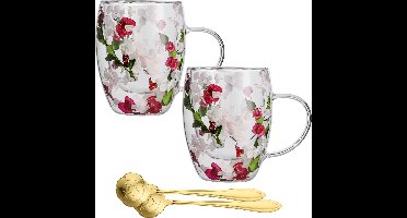 Cliste Dubbelwandige Koffieglazen Set van 2x Met Oor en Gratis 2x Lepels - 400ML - Handgemaakt Glas - Echt Gedroogd Bloem-en bladglas - Latte Macchiato Glazen