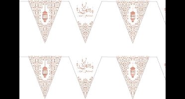 2x stuks Ramadan Mubarak thema papieren vlaggenlijnen/slingers wit/rose goud 3 meter - Suikerfeest/offerfeest versieringen/decoraties