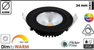 Inbouw LED Spot 5w ZWART | 5 Watt | 450 Lumen | Dim To Warm | Kantelbaar | IP44 | Dimbaar | CRI90 | Gatmaat 72mm