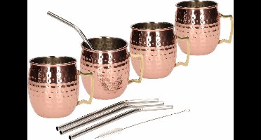 Moscow Mule cocktail set 4x cocktailbekers/cocktailglazen 450 ml gehamerd koper - Inclusief 4x RVS herbruikbare rietjes