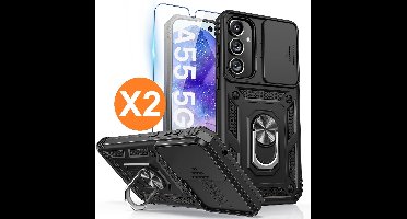 Hoesje Geschikt voor Samsung Galaxy A55 hoesje backcover Zwart met Met Draaibare Ring Houder en camera bescherming - Galaxy A55 Screenprotector - 2 stuks