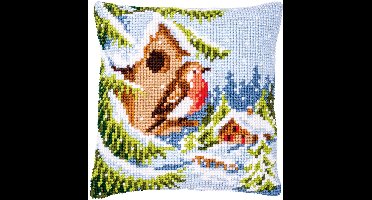 Vervaco - Kruissteekkussen kit - Roodborstje in de winter - PN-0147171 - Borduren - Borduurpakket - Borduurpakket volwassenen - Borduurpakket kind