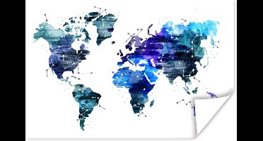 Wereldkaart - Blauw - Sterrenhemel - Kinderen - Jongens - Meisjes - 30x20 cm - Poster - Poster Kinderkamer