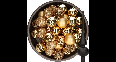 Decoris Kerstballen - 37x stuks - 6 cm - goud - kunststof - incl. glazen piek mat zwart