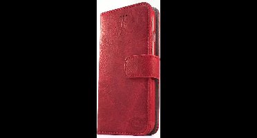 HEM Suède Look Hoesje Geschikt Voor iPhone 14 Pro – Gevlamd Rood Luxe Bookcase Met Pasjeshouder, Geldvak En Polsbandje