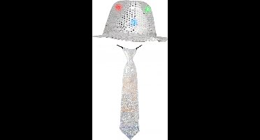 Smiffys Verkleedkleding set zilver LED light hoedje/stropdas volwassen