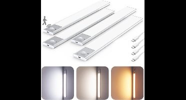 4-pack ultradunne onderkastverlichting - draadloze onderkastverlichting van aluminiumlegering, magnetische kastverlichting met 3 kleurtemperaturen, oplaadbare bewegingssensorlamp voor binnen (20 cm, zilver)