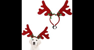 Kerst Gewei voor Honden - Verstelbaar Rendiergewei - Rood Gewei met Rode Bellen en Groene Strikjes - Voor Kleine en Grote Honden - Hondenkleding Kerst - One Size