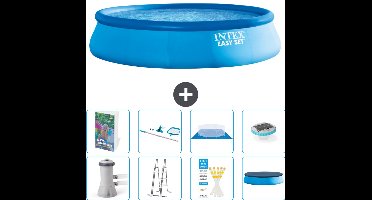 Intex Rond Opblaasbaar Easy Set Zwembad - 457 x 107 cm - Blauw - Inclusief Pomp - Ladder - Grondzeil - Afdekzeil - Schoonmaakset - Verlichting - 9-delig