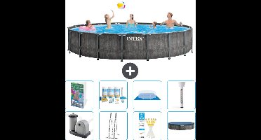 Intex Rond Prism Frame Greywood Zwembad - 549 x 122 cm - Inclusief Pomp - Ladder - Grondzeil - Afdekzeil - Onderhoudspakket - Thermometer - 9-delig