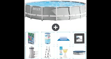 Intex Rond Prism Frame Zwembad - 457 x 107 cm - Grijs - Inclusief Pomp - Ladder - Grondzeil - Afdekzeil - Filter - Vloertegels - 9-delig