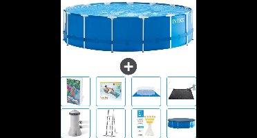 Intex Rond Frame Zwembad - 457 x 122 cm - Blauw - Inclusief Pomp - Ladder - Grondzeil - Afdekzeil - Loungebed - Solar Mat - 9-delig