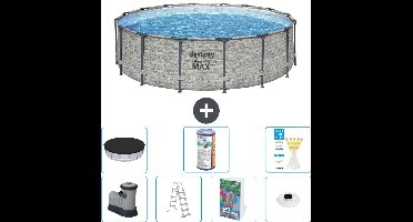 Bestway Rond Steel Pro MAX Zwembad - Steenprint - 488 x 122 cm - Inclusief Pomp - Ladder - Afdekzeil - Filter - Verlichting - 8-delig