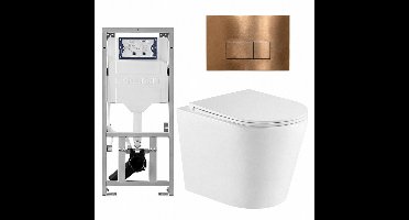QeramiQ Dely Toiletset - 36.3x51.7cm - diepspoel - rimless - Geberit UP320 inbouwreservoir - met Burda frame - softclose toiletzitting - koperen bedieningsplaat - rechtehoekige knoppen - wit glans