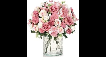 4 Bundels Kunstbloemen - Echte Zijden Kunstbloemen Roze Kunstrozen Pioenrozen Nepboeket voor Bruiloft, Feest, Huis- en Keukendecoratie