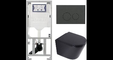 QeramiQ Dely Toiletset - 36.3x51.7cm - diepspoel - rimless - Geberit UP320 inbouwreservoir - softclose toilet zitting 35 mm - bedieningsplaat mat antraciet - ronde knoppen - mat zwart