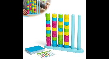 Houten kleurenspel - 48 kleurrijke ringen en kaarten - Uitdagend spel, stapelspel voor onderweg - Snel puzzelspel voor het hele gezin, tieners en volwassenen - Leuk tafelspel