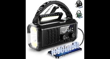 1 x Noodradio op zonne-energie met handzwengel - weerradio van 10000 mAh - zaklamp - LED-leeslampje en SOS-alarm voor kampeeravonturen - Zwart