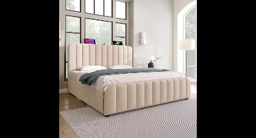 Tweepersoonsbed – Bed – Slaapbed – Boxspring – Bedframe – Beige Linnen – 180x200 cm – Geïntegreerde USB en Type-C Oplaadpunten – 4 Ruime Opberglades