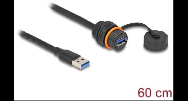Delock USB 5 Gbps Cable USB Type-A male to USB Type-A female for installation with M20 thread and protective cap IP68 dust and waterproof 60 cm black